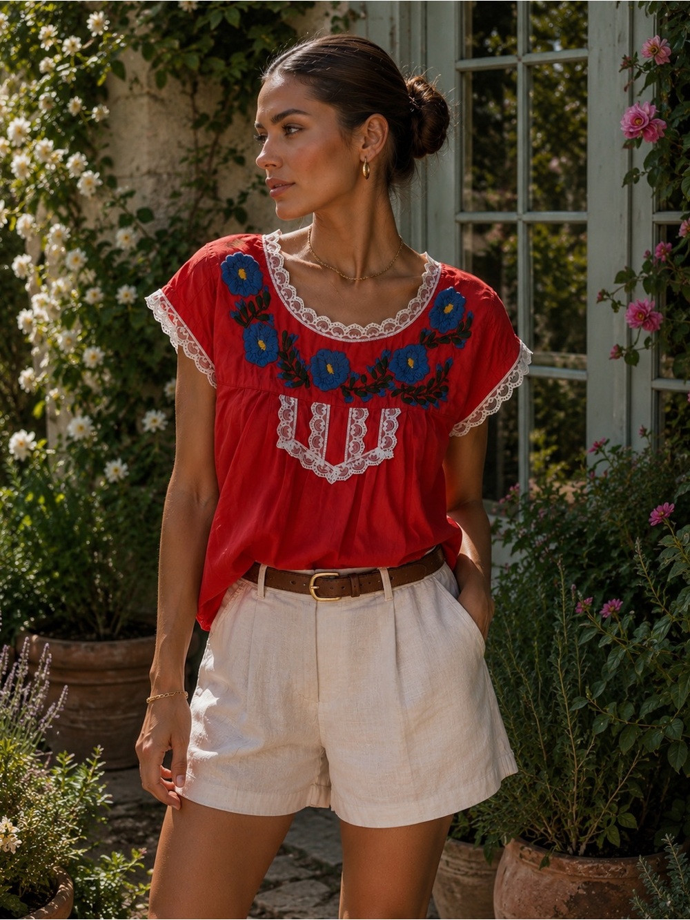 Tracy Feith Red Embroidered Peasant Blouse with Blue Floral Detail
